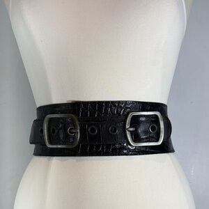 Massimo Dutti Wide Waist Belt Black Croc Embossed Leather Double Buckle 29–35”